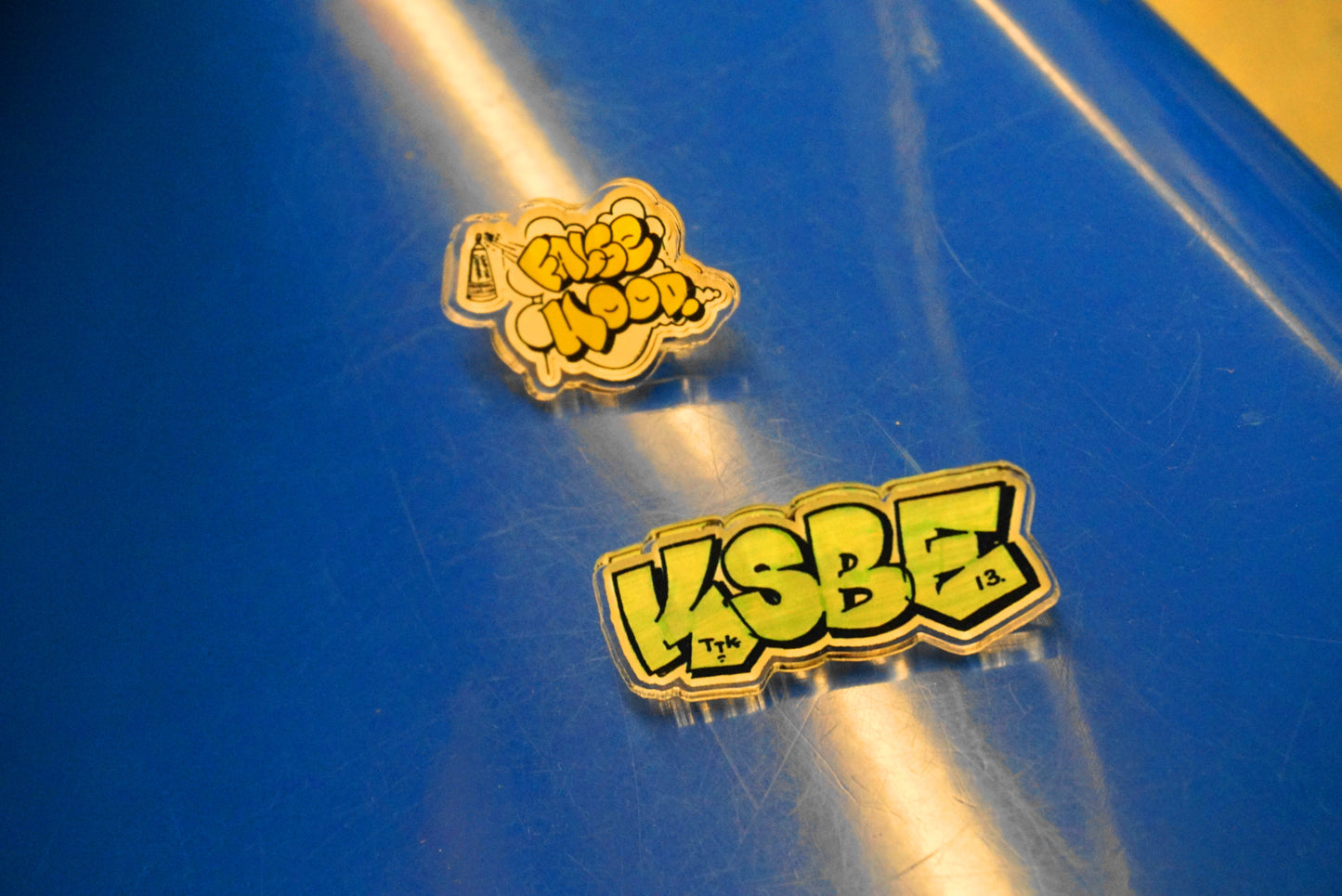 KSBE 13 & FALSEHOOD. THROWIE Acrylic Pins - FALSEHOOD.