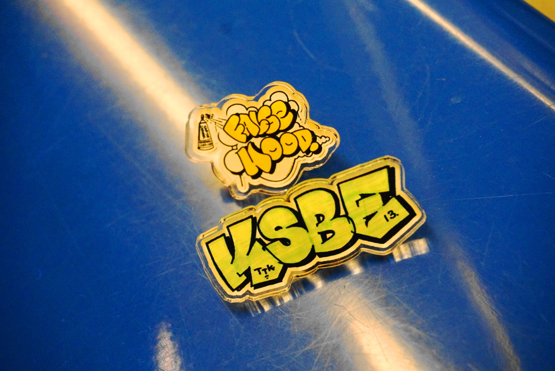 KSBE 13 & FALSEHOOD. THROWIE Acrylic Pins - FALSEHOOD.