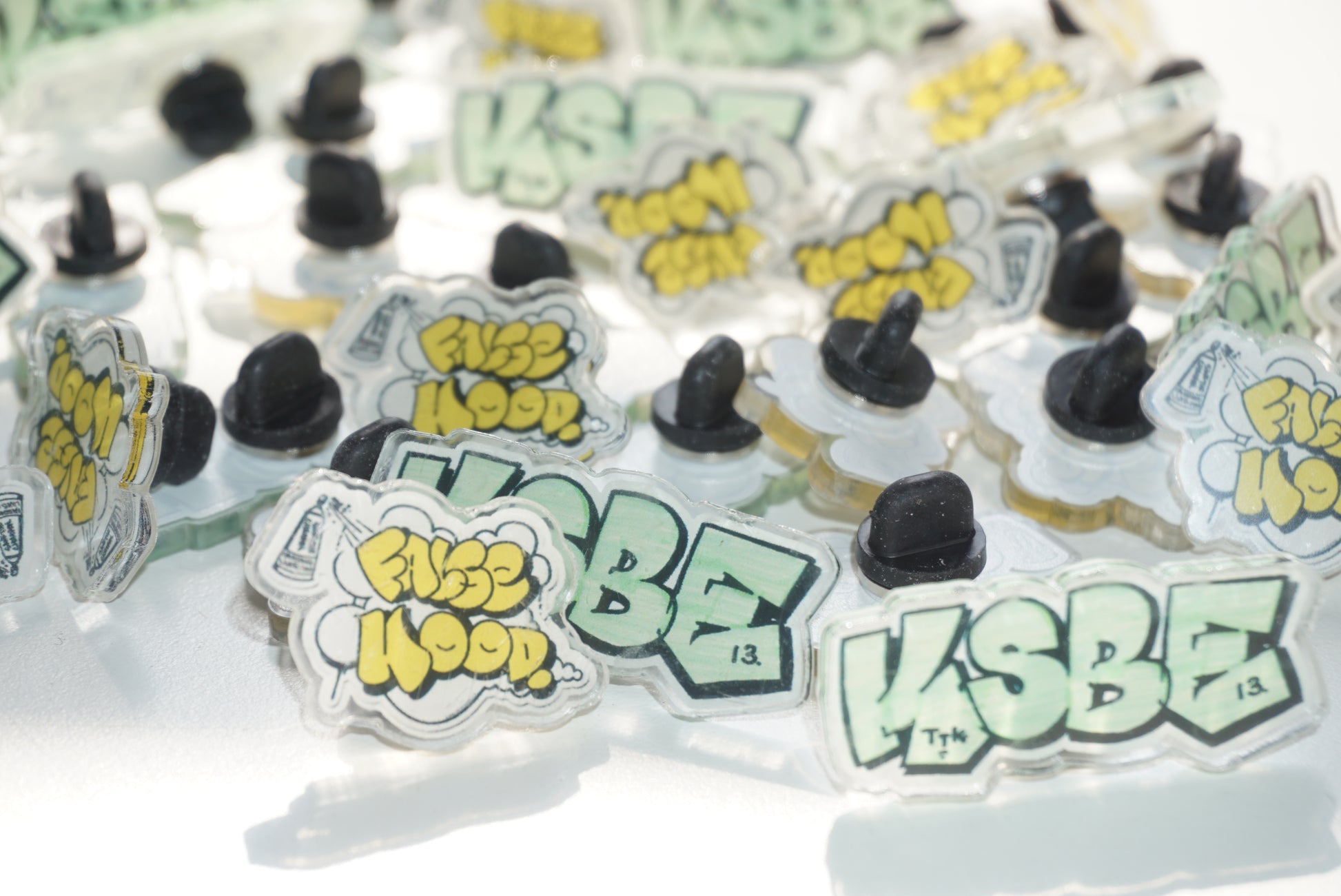 KSBE 13 & FALSEHOOD. THROWIE Acrylic Pins - FALSEHOOD.